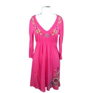 Johnny Was | Vintage Long Sleeve Pink Floral Embroidered V-Neck Dress Size M